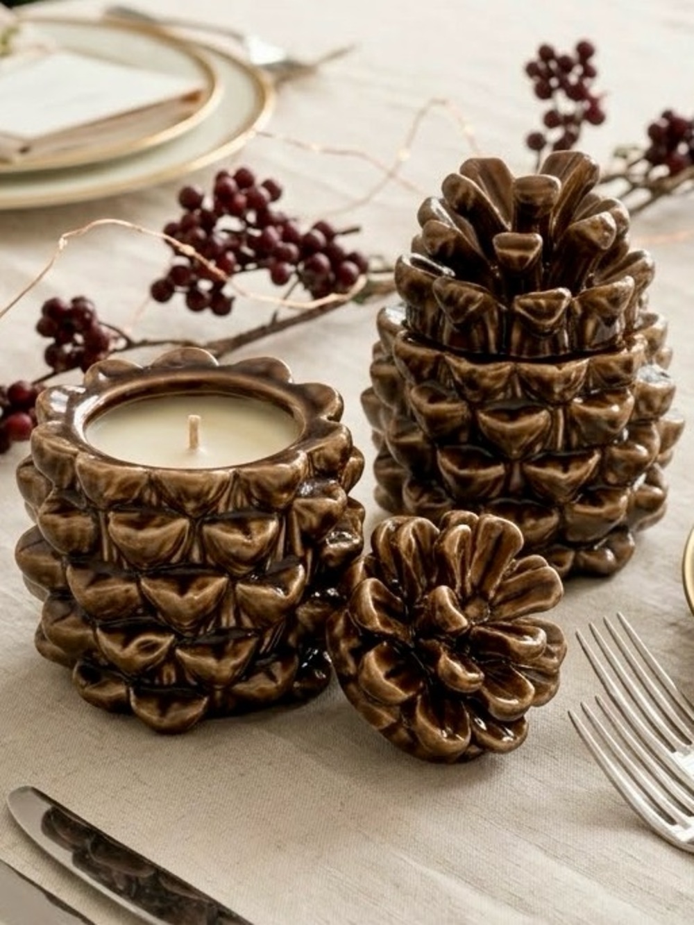 Slatkin Bath Body Works Berry Bark Brown Ceramic Pinecone Lidded Candle Set 2